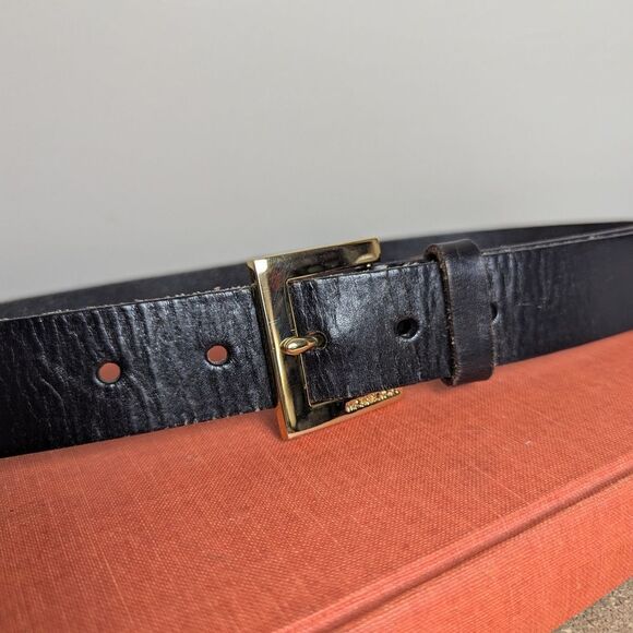 Michael Kors Black Leather Belt Gold Buckle Adjustable 29-33” - Picture 1 of 10